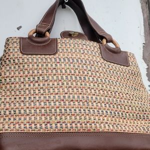 purse, handles, brown leather w/ multi colored Woven base , Relic